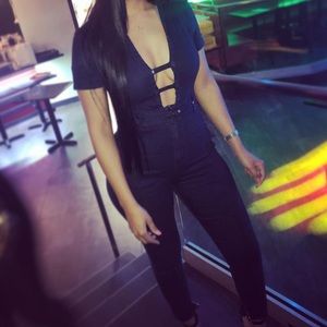 Denim deep V jumpsuit